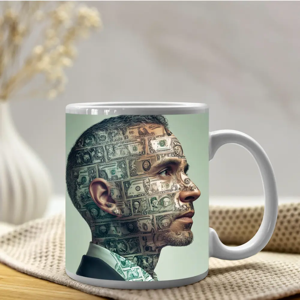 Man Face Covered In Dollar Bills Money – Mugs