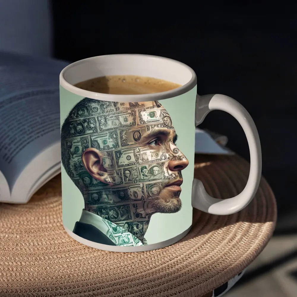 Man Face Covered In Dollar Bills Money – Mugs