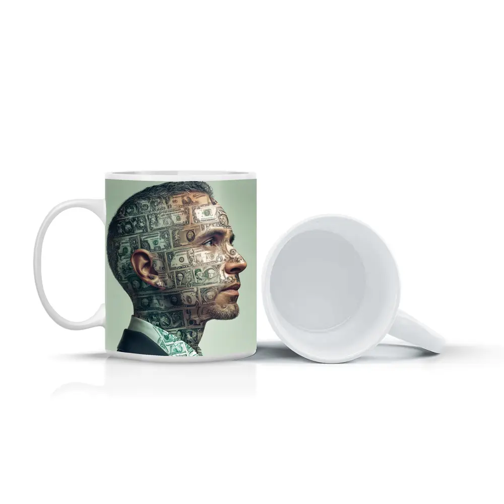 Man Face Covered In Dollar Bills Money – Mugs
