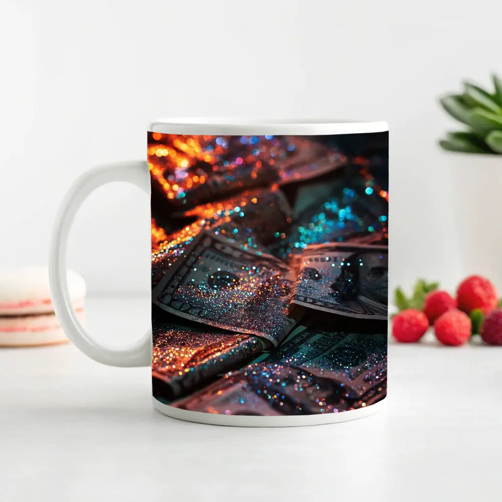 Glitter Covered Dollar Bills Dark Background – Mugs