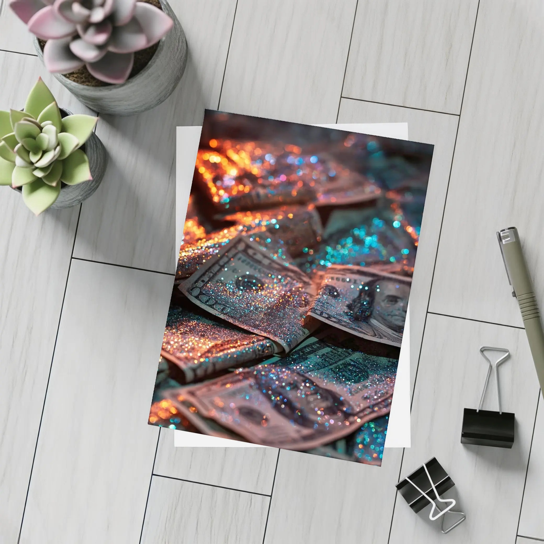 Glitter Covered Dollar Bills Dark Background – Postcards