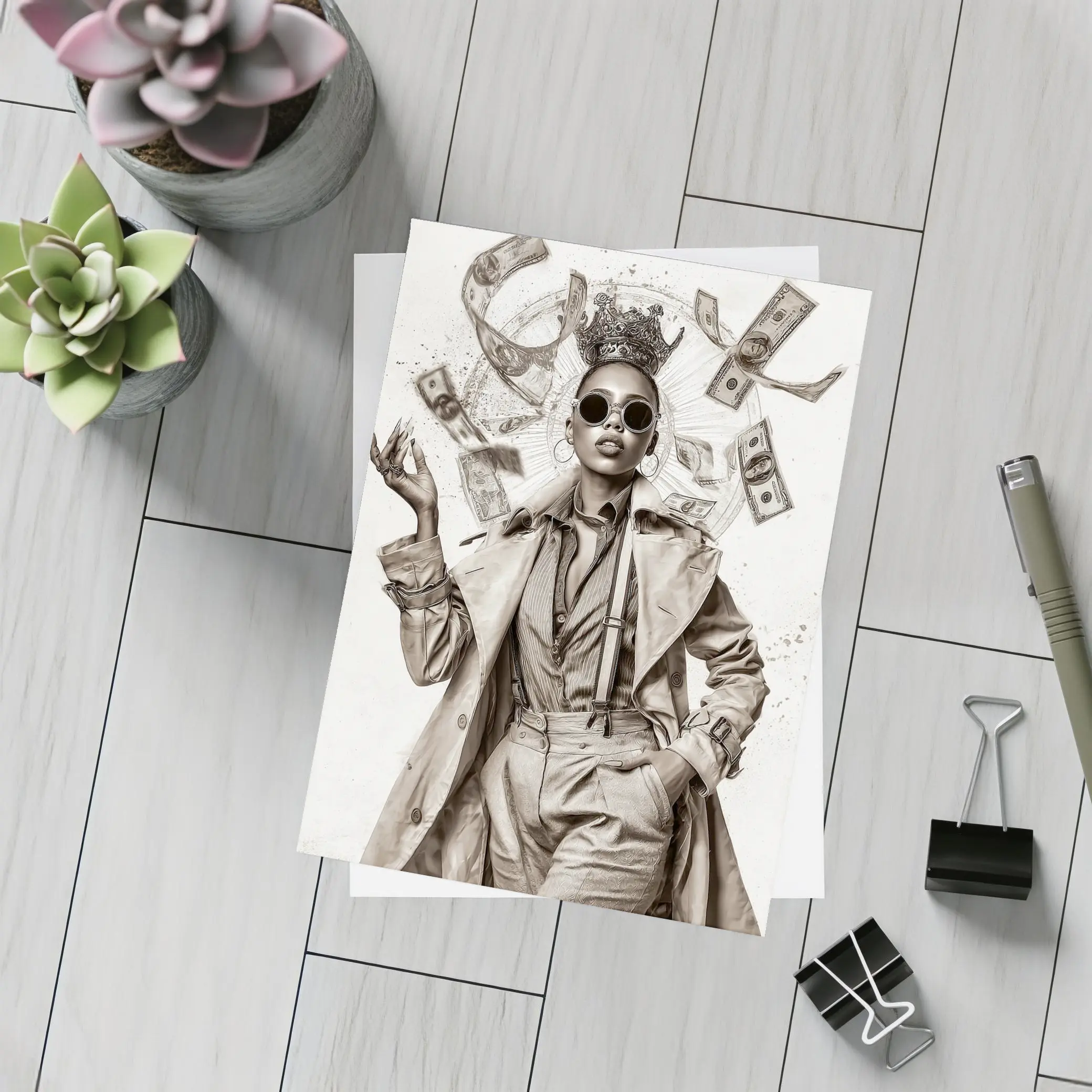 Crown Queen Woman Money Flying Around – Postcards