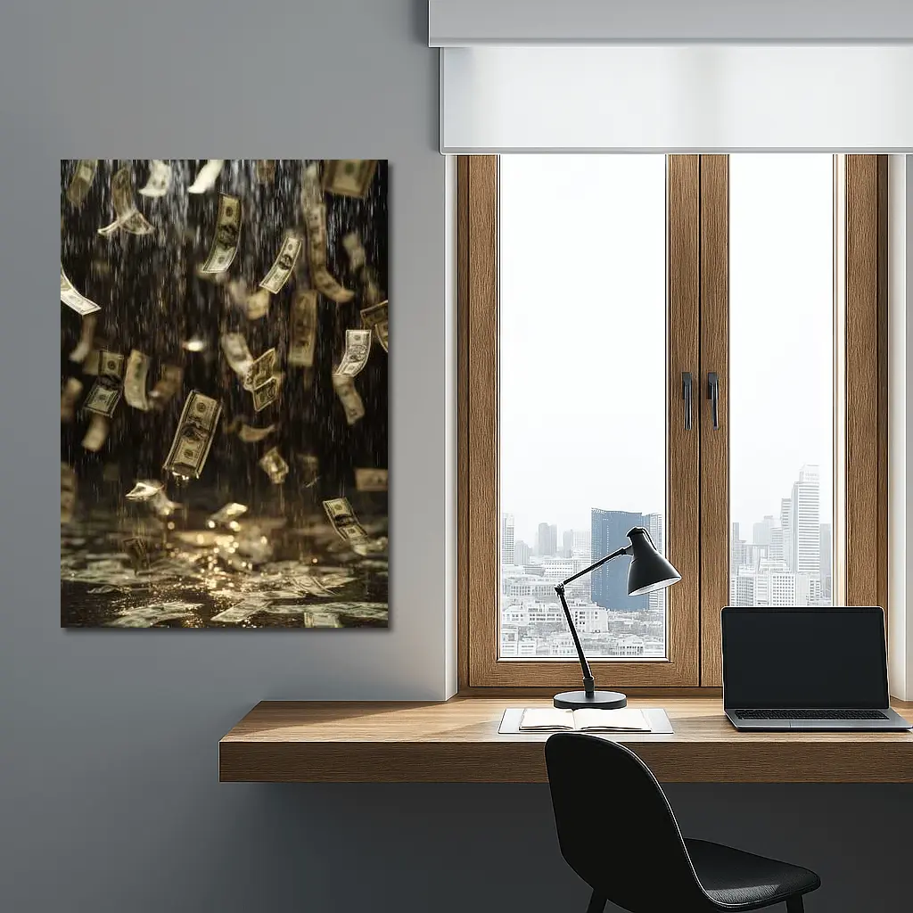 Dollar Bills Raining Down Dark Background – Wall Art