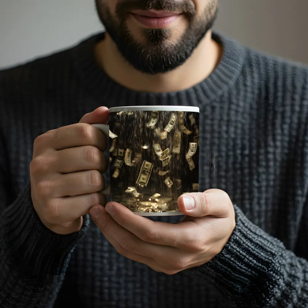 Dollar Bills Raining Down Dark Background – Mugs