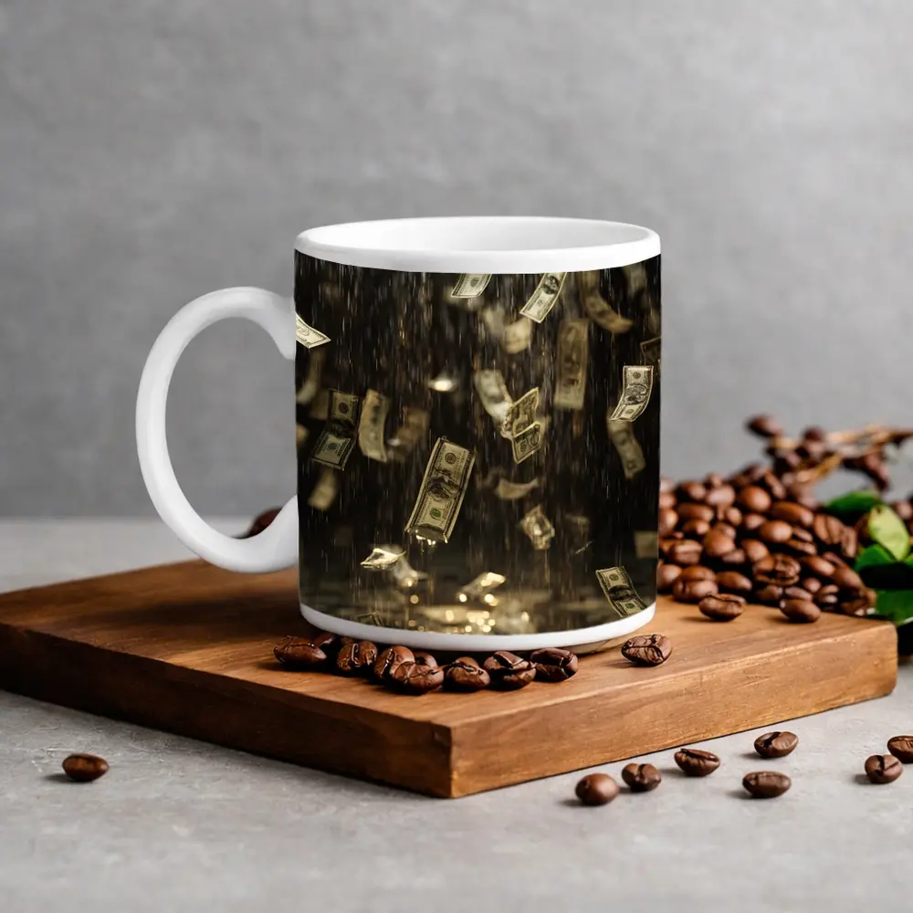 Dollar Bills Raining Down Dark Background – Mugs