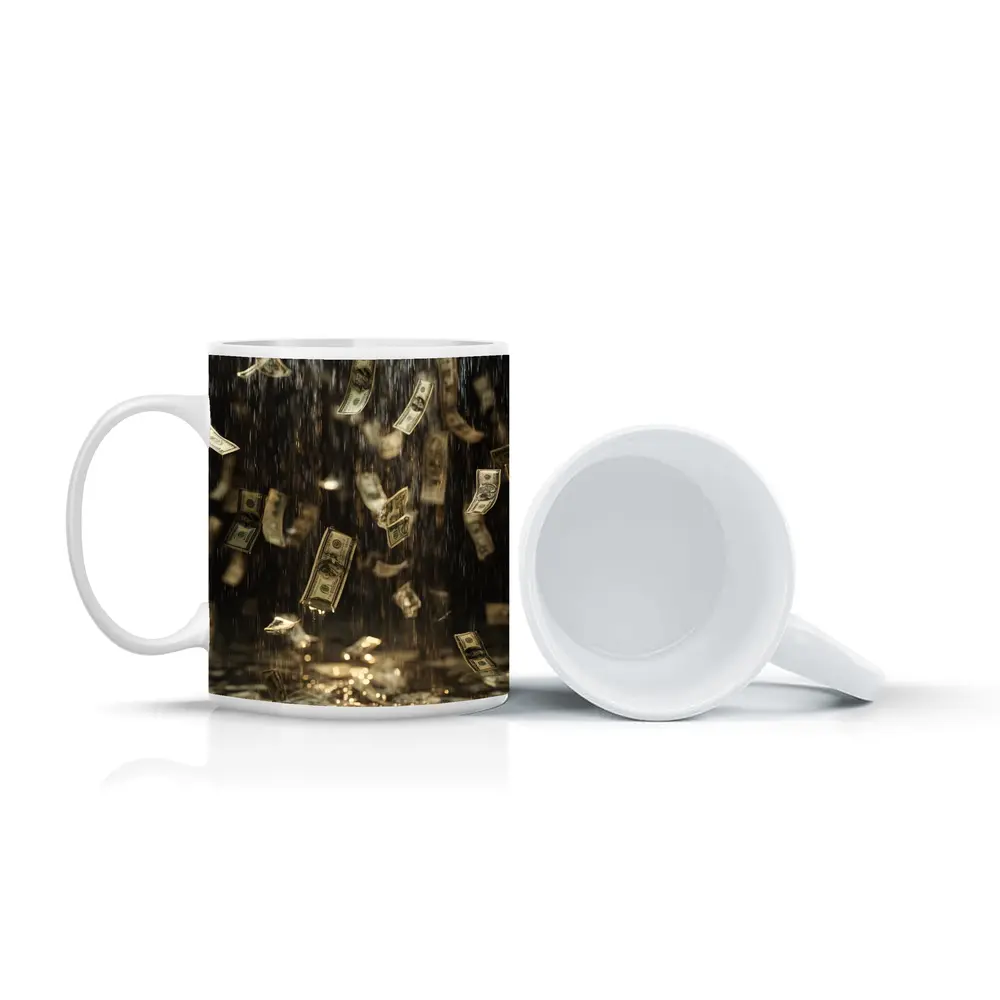 Dollar Bills Raining Down Dark Background – Mugs