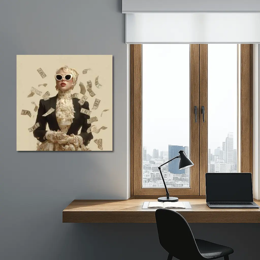 Fashionable Woman Flying Money Beige Background – Wall Art