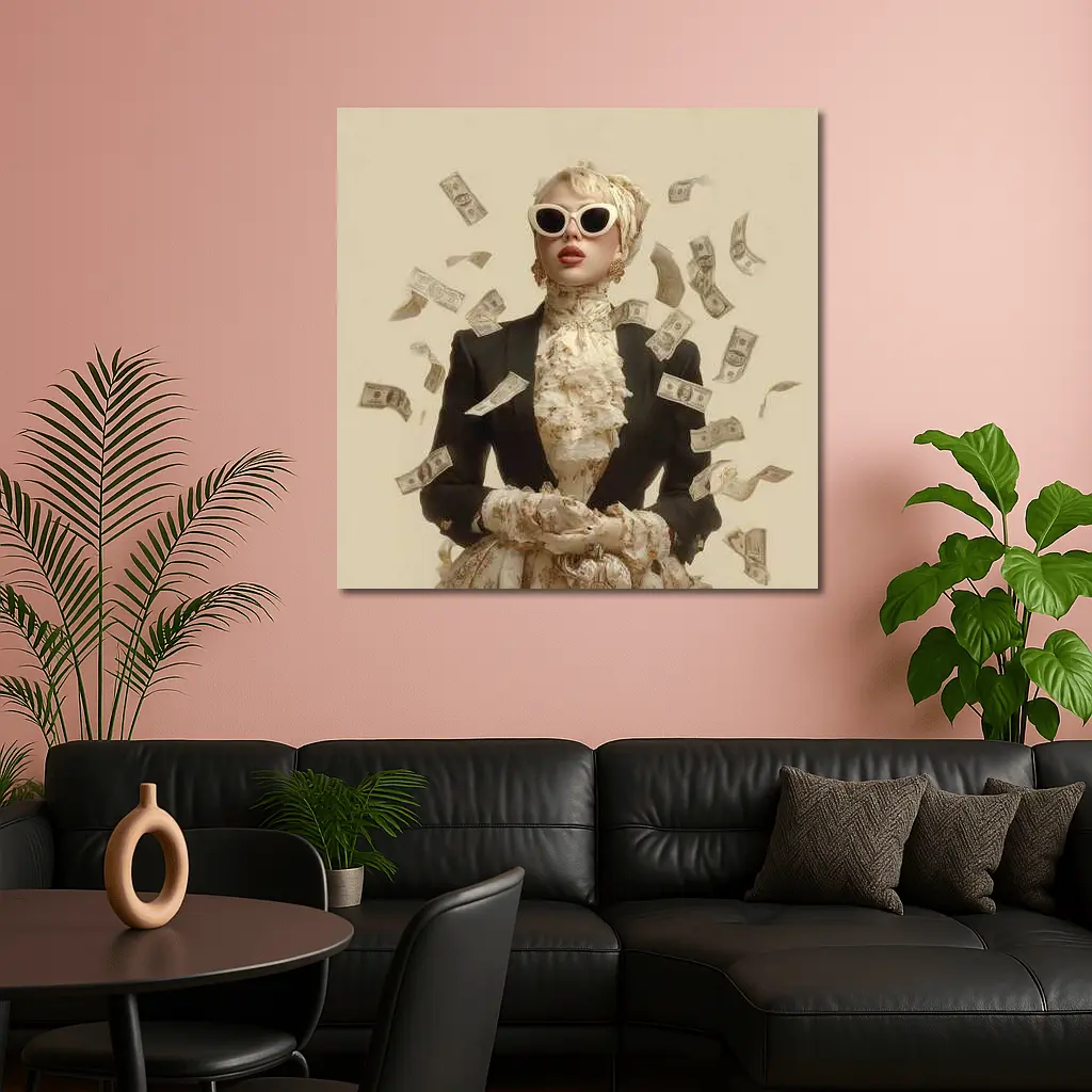 Fashionable Woman Flying Money Beige Background – Wall Art