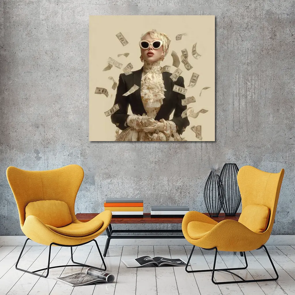 Fashionable Woman Flying Money Beige Background – Wall Art