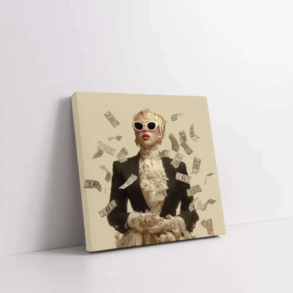 Fashionable Woman Flying Money Beige Background – Wall Art