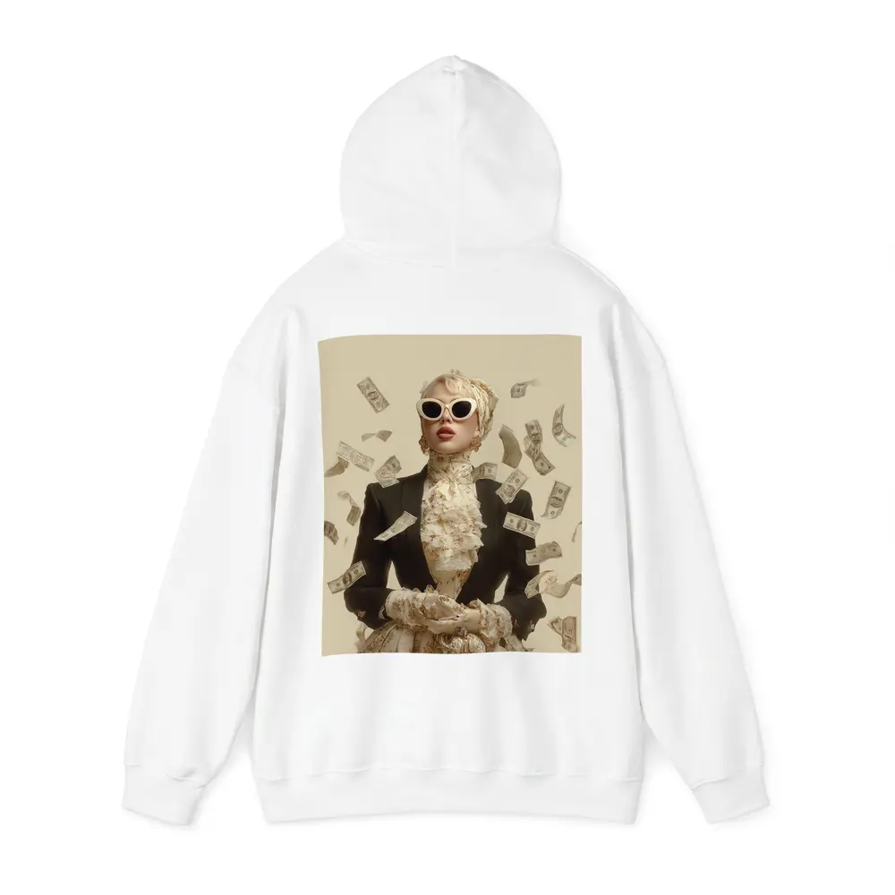 Fashionable Woman Flying Money Beige Background – Hoodies