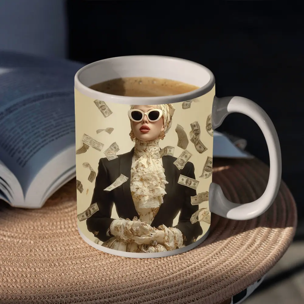 Fashionable Woman Flying Money Beige Background – Mugs