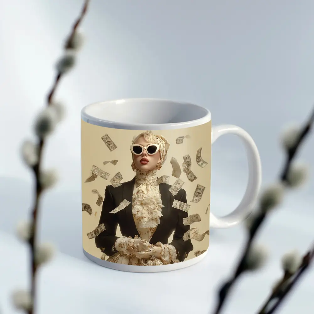 Fashionable Woman Flying Money Beige Background – Mugs