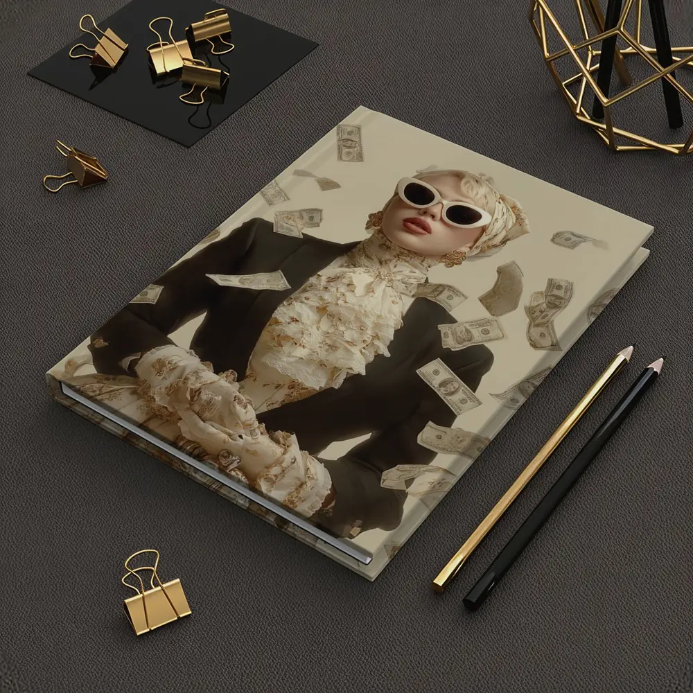 Fashionable Woman Flying Money Beige Background – Notebooks