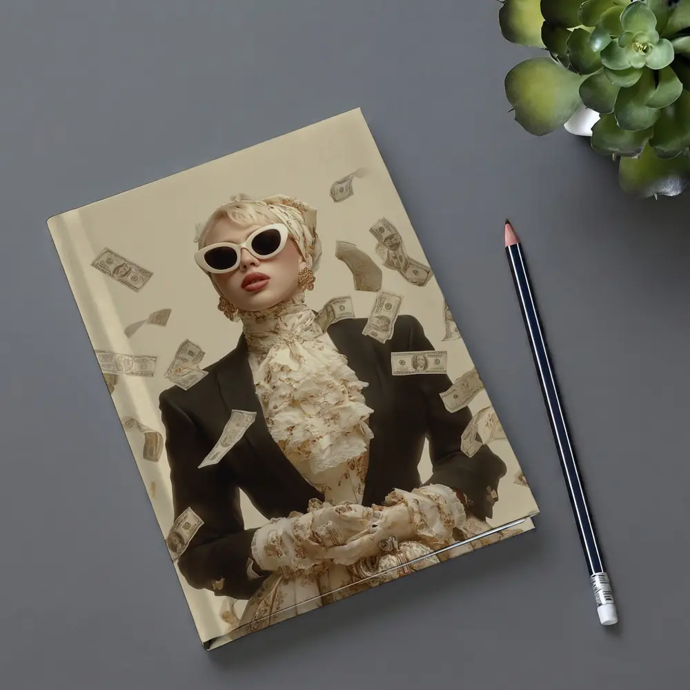 Fashionable Woman Flying Money Beige Background – Notebooks