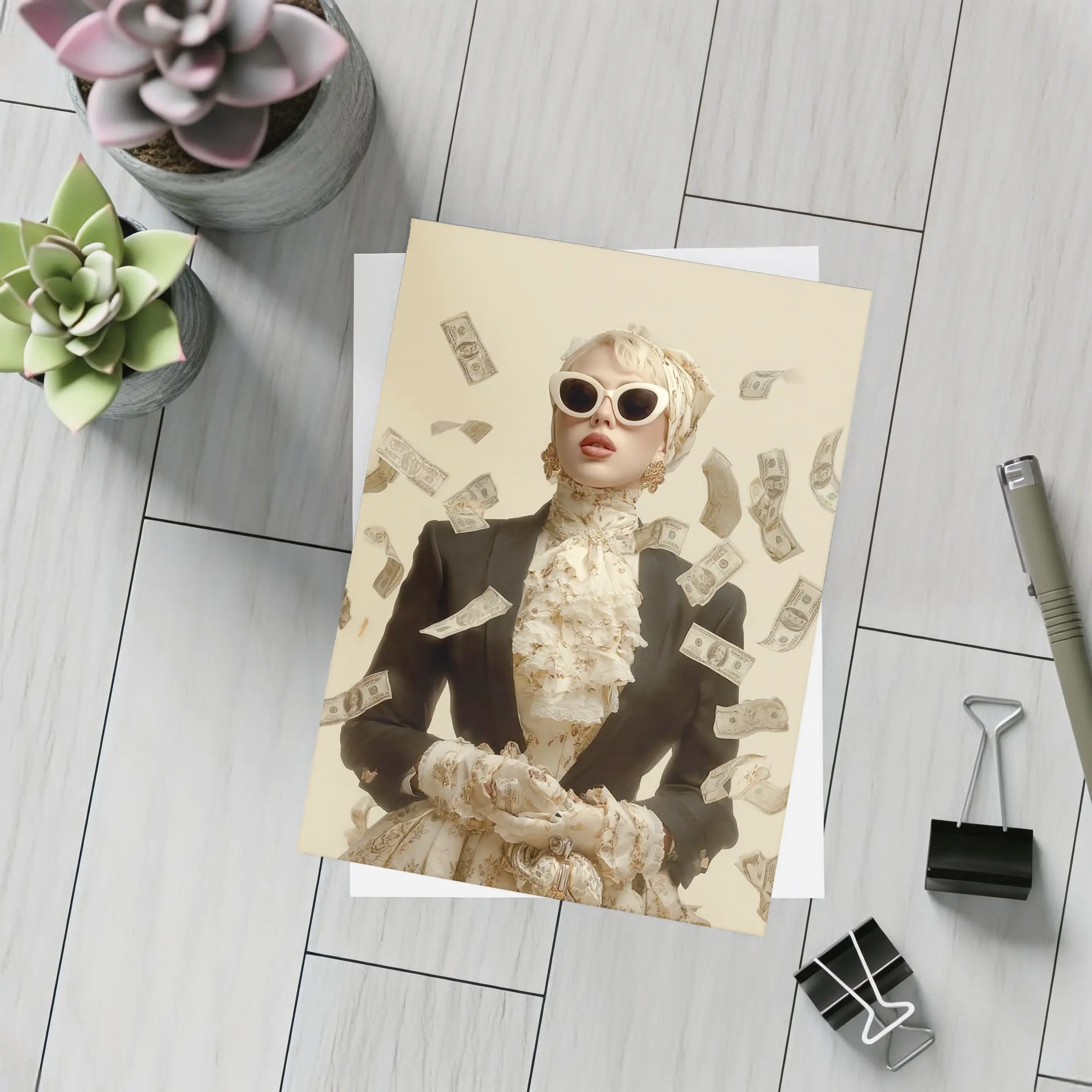 Fashionable Woman Flying Money Beige Background – Postcards