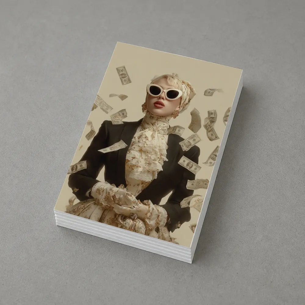 Fashionable Woman Flying Money Beige Background – Postcards