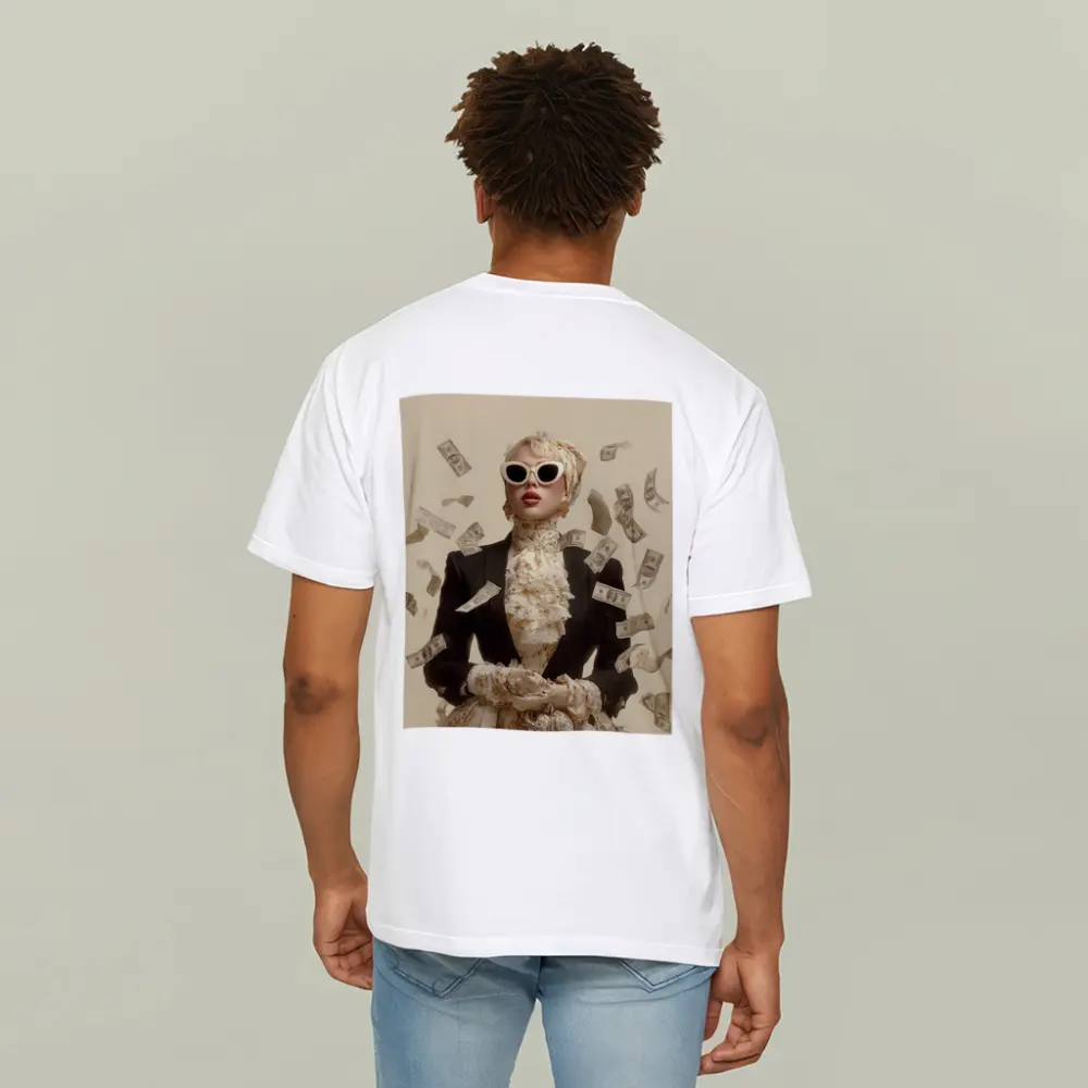 Fashionable Woman Flying Money Beige Background – T-Shirts