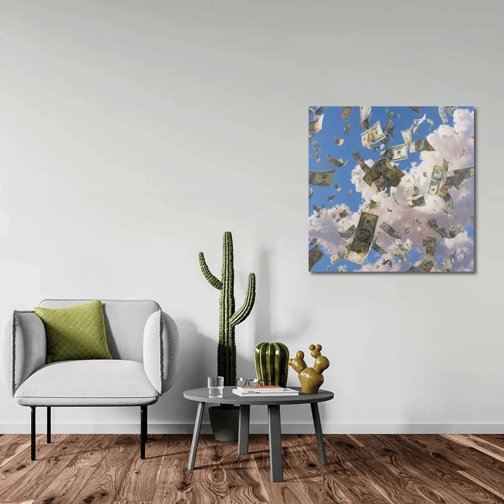 Dollar Bills Raining From Cloudy Sky – Wall Art