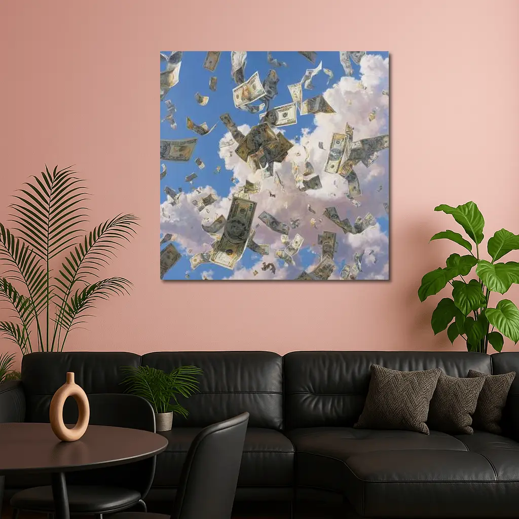 Dollar Bills Raining From Cloudy Sky – Wall Art