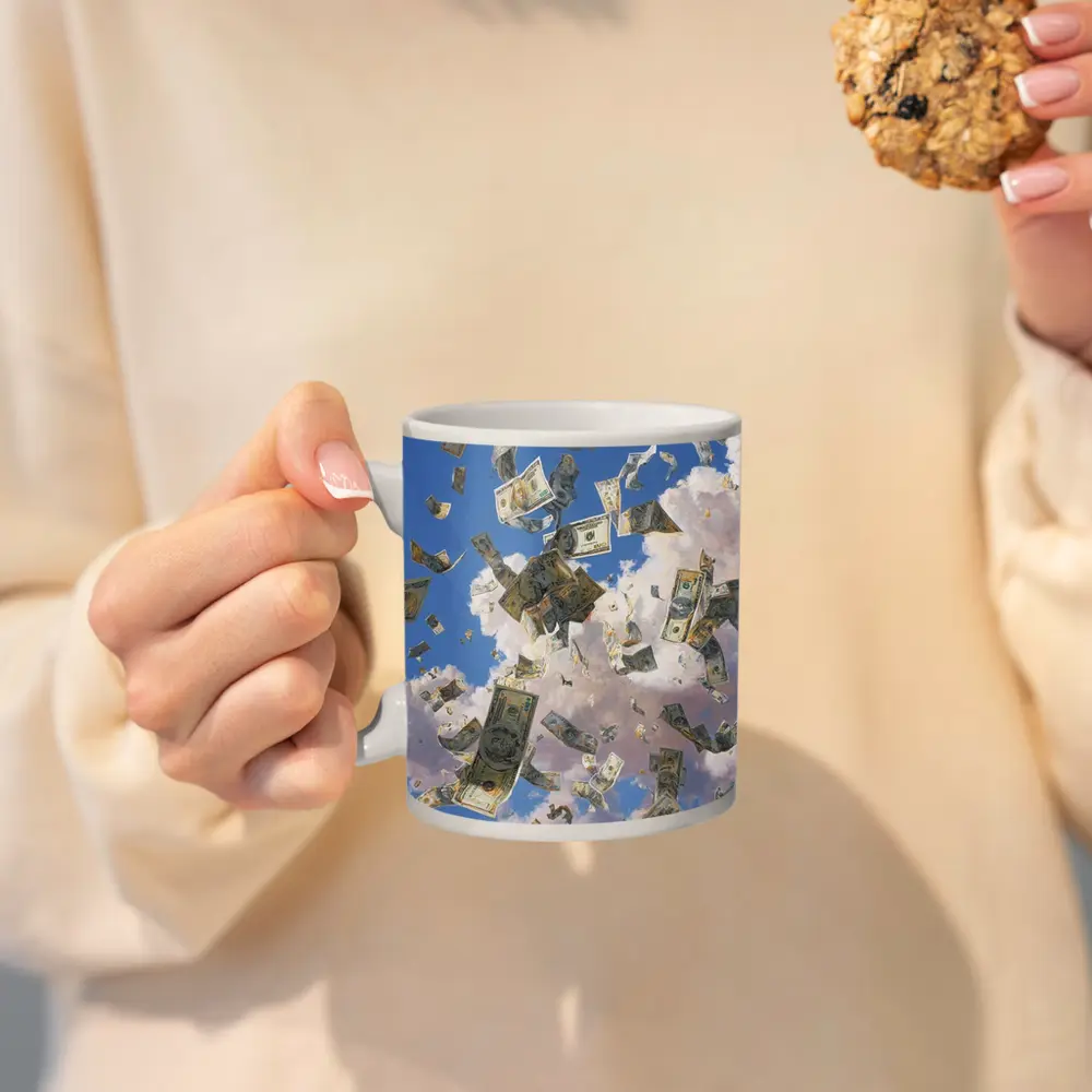 Dollar Bills Raining From Cloudy Sky – Mugs