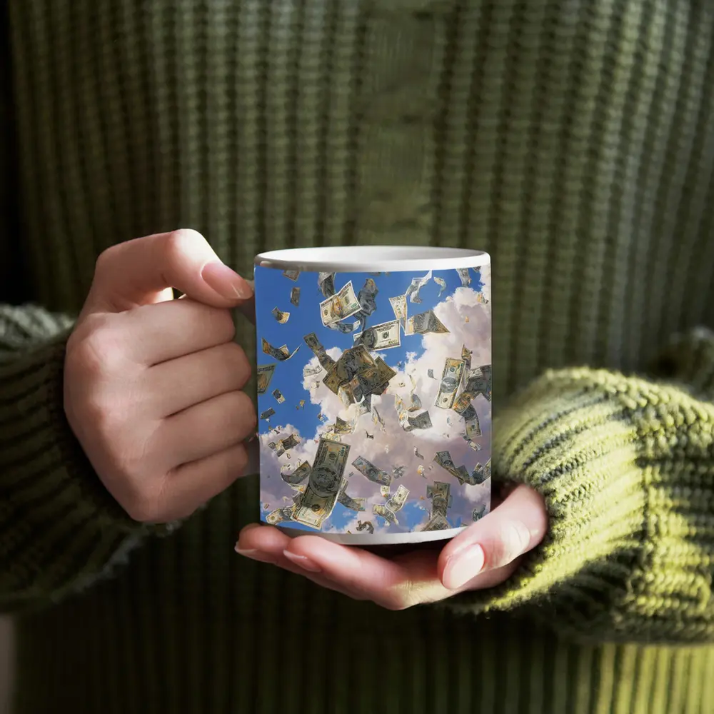 Dollar Bills Raining From Cloudy Sky – Mugs