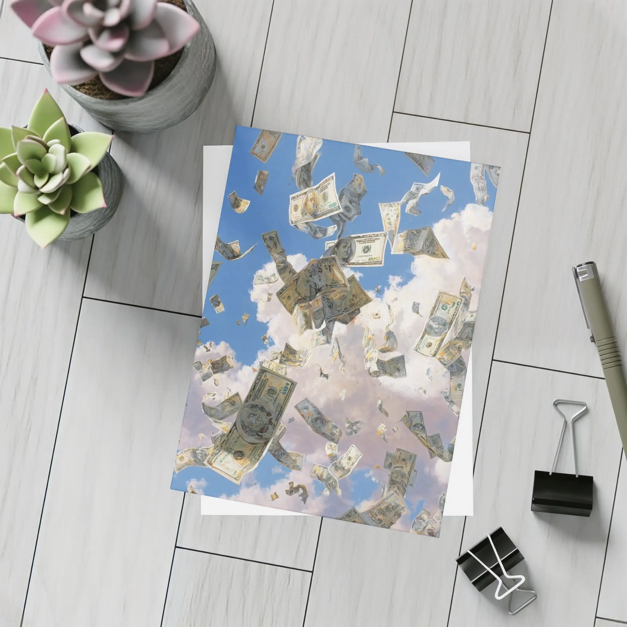 Dollar Bills Raining From Cloudy Sky – Postcards