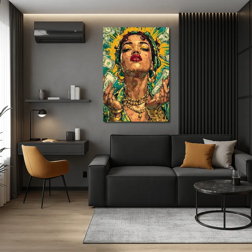 Pop Art Woman Gold Money Falling Green – Wall Art