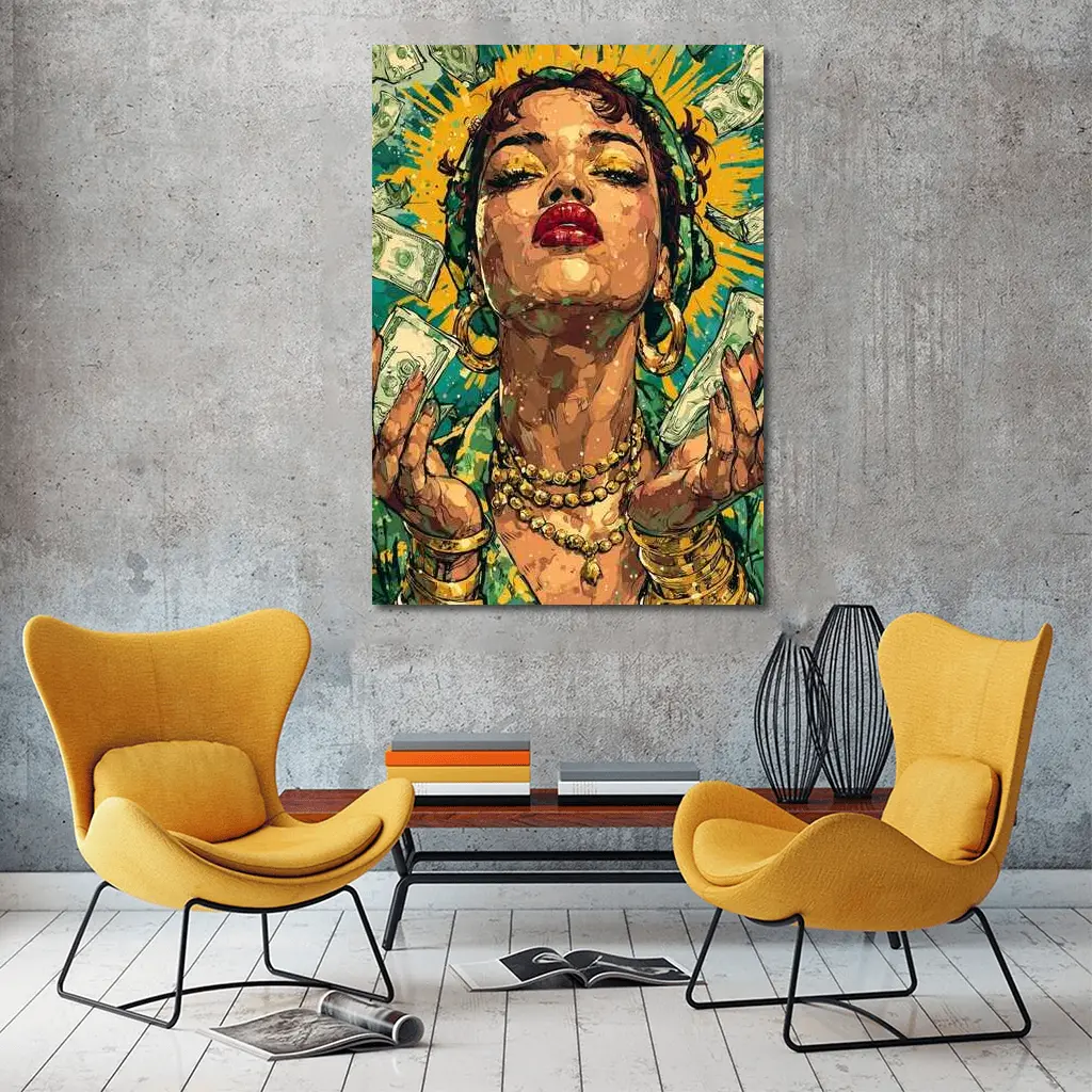 Pop Art Woman Gold Money Falling Green – Wall Art
