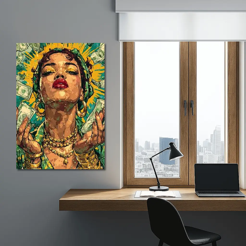 Pop Art Woman Gold Money Falling Green – Wall Art