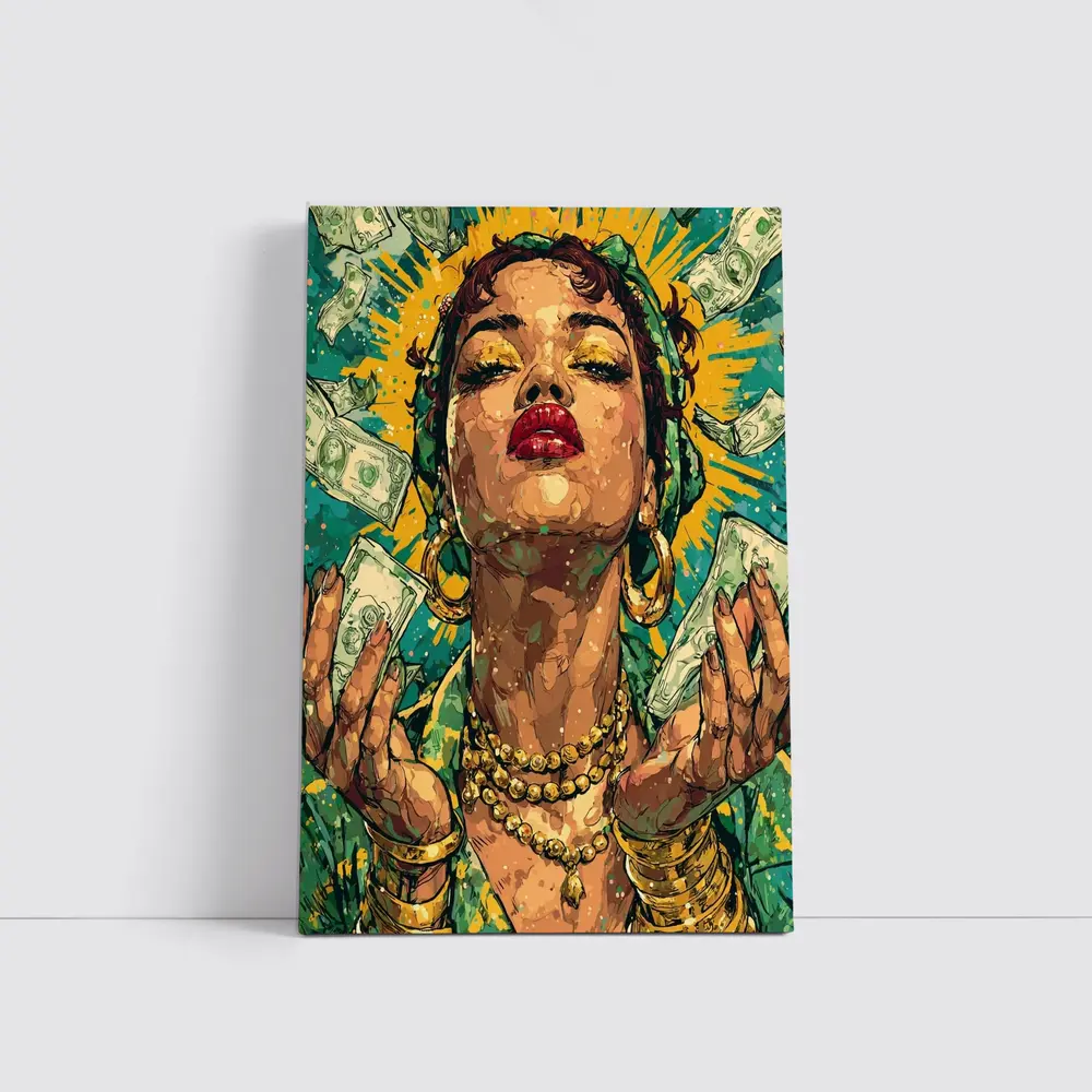Pop Art Woman Gold Money Falling Green – Wall Art