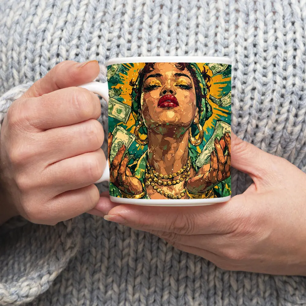 Pop Art Woman Gold Money Falling Green – Mugs