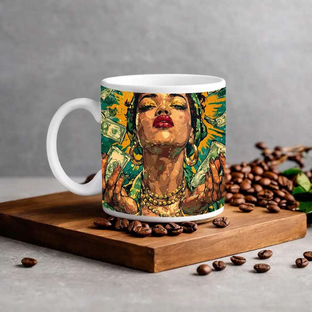 Pop Art Woman Gold Money Falling Green – Mugs
