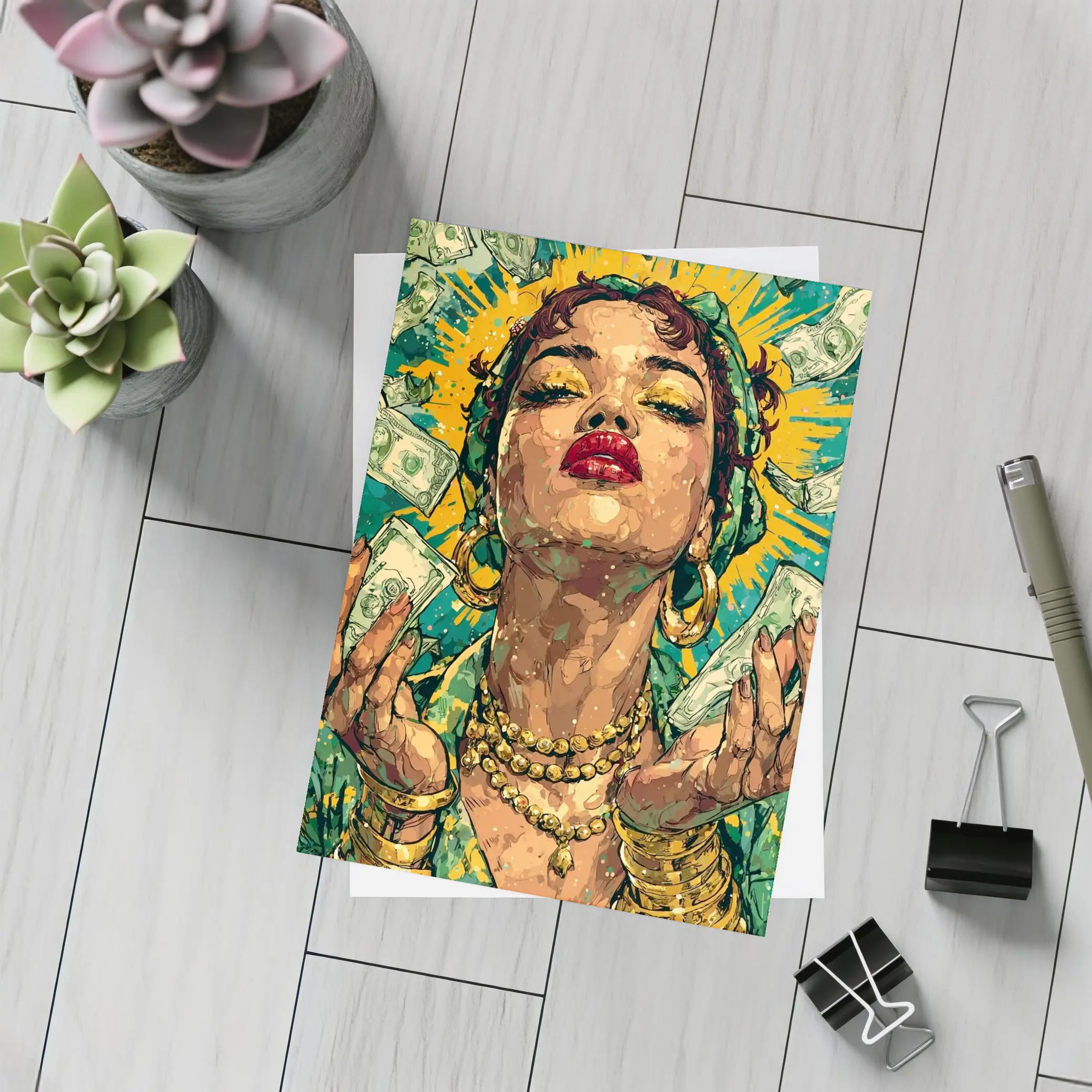 Pop Art Woman Gold Money Falling Green – Postcards