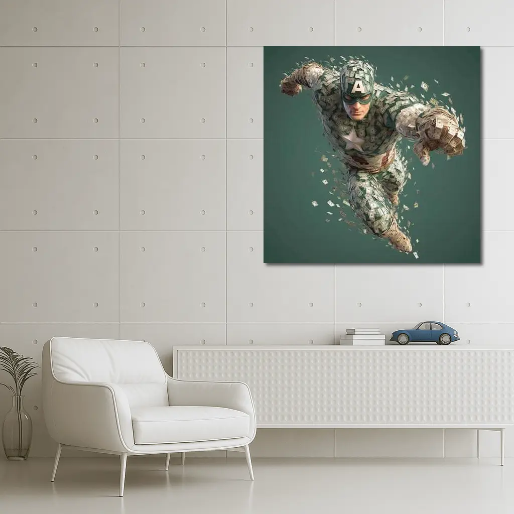 Superhero Figure Made of Dollar Bills Money – Wall Art