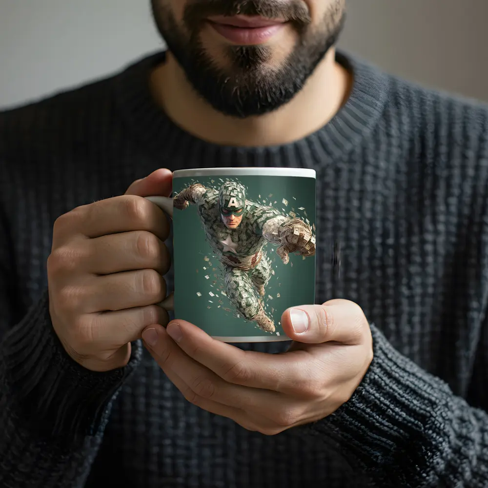 Superhero Figure Made of Dollar Bills Money – Mugs