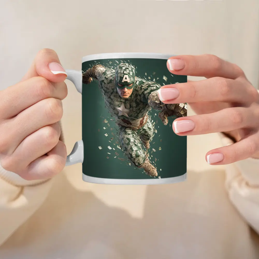 Superhero Figure Made of Dollar Bills Money – Mugs