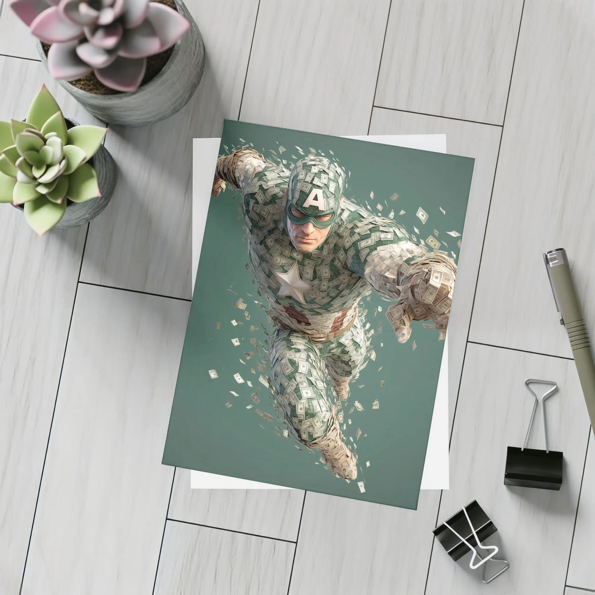 Superhero Figure Made of Dollar Bills Money – Postcards