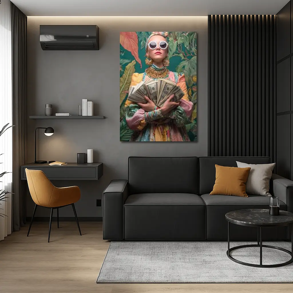 Fashionable Woman Holding Cash Tropical Background – Wall Art