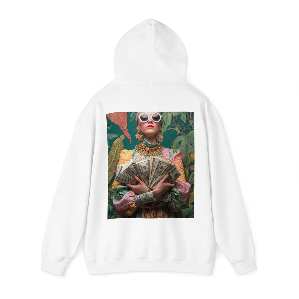 Fashionable Woman Holding Cash Tropical Background – Hoodies