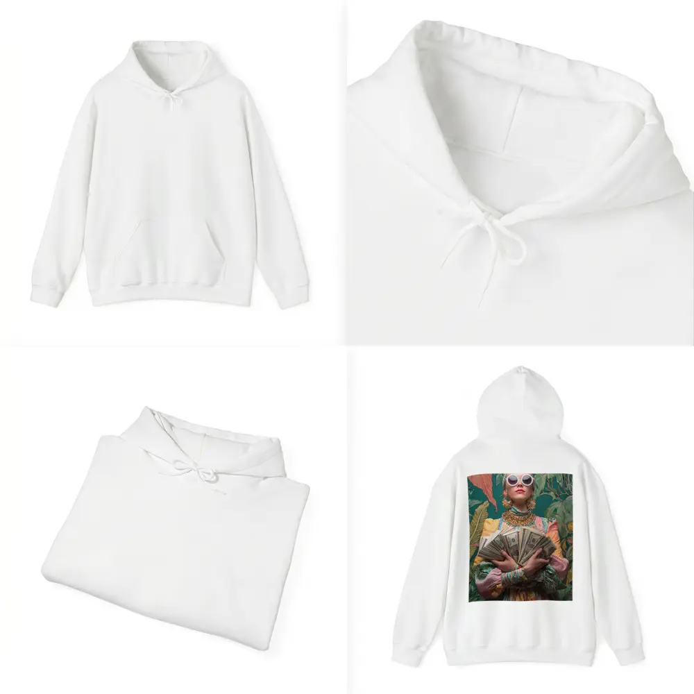Fashionable Woman Holding Cash Tropical Background – Hoodies