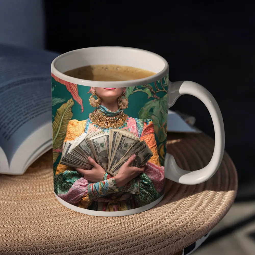 Fashionable Woman Holding Cash Tropical Background – Mugs