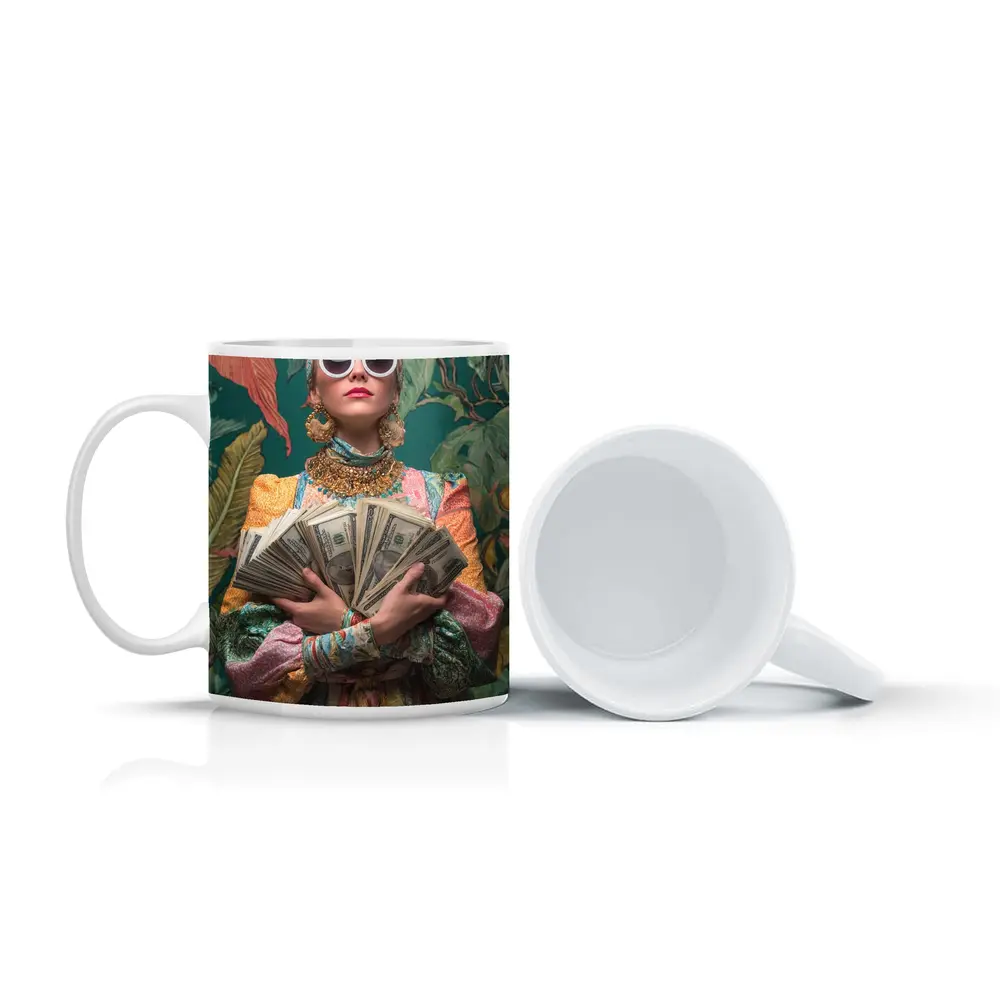Fashionable Woman Holding Cash Tropical Background – Mugs