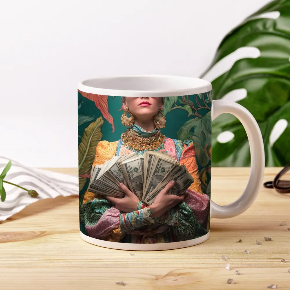 Fashionable Woman Holding Cash Tropical Background – Mugs