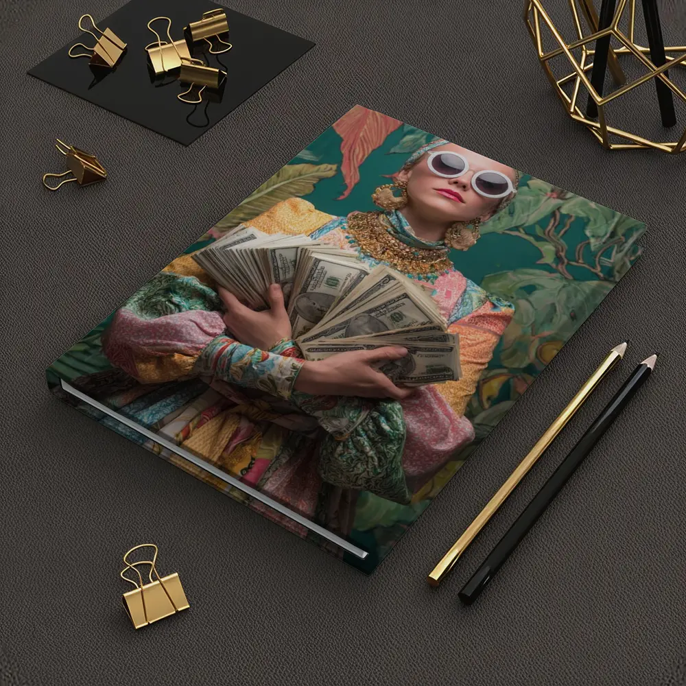 Fashionable Woman Holding Cash Tropical Background – Notebooks
