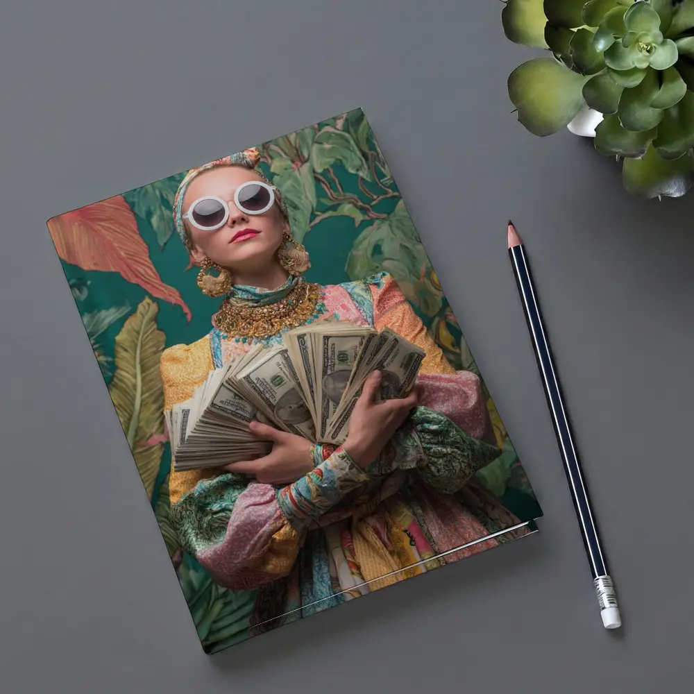 Fashionable Woman Holding Cash Tropical Background – Notebooks