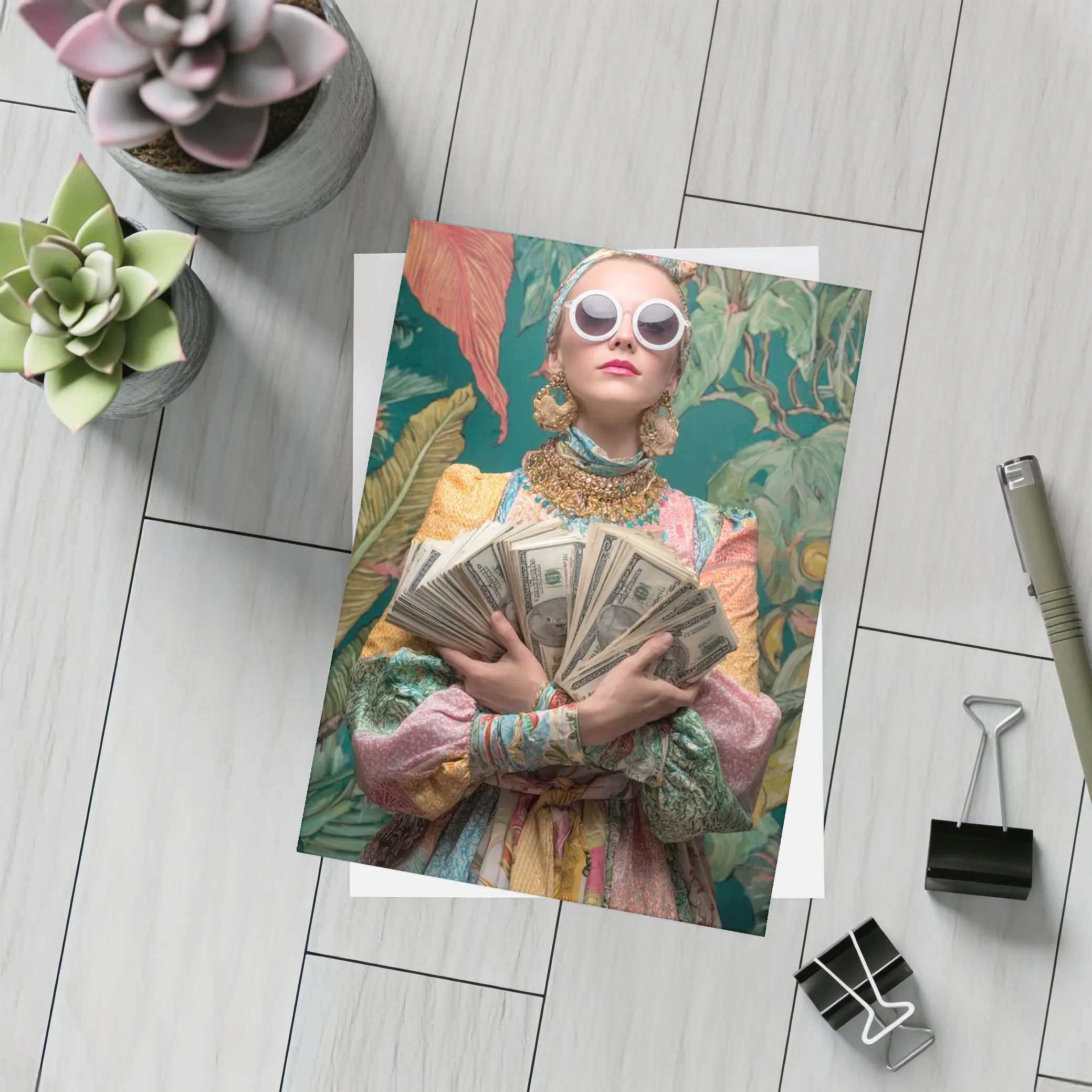 Fashionable Woman Holding Cash Tropical Background – Postcards