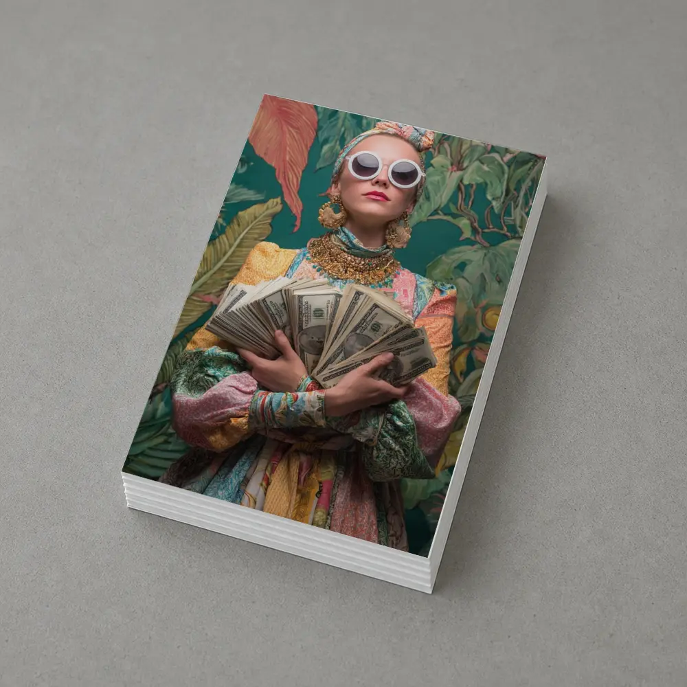 Fashionable Woman Holding Cash Tropical Background – Postcards