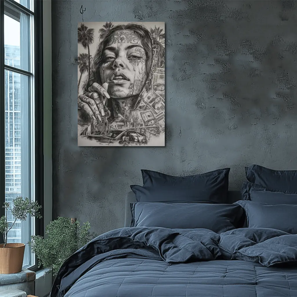 Tattooed Woman Portrait Money Palm Trees – Wall Art