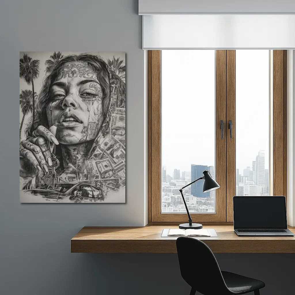 Tattooed Woman Portrait Money Palm Trees – Wall Art